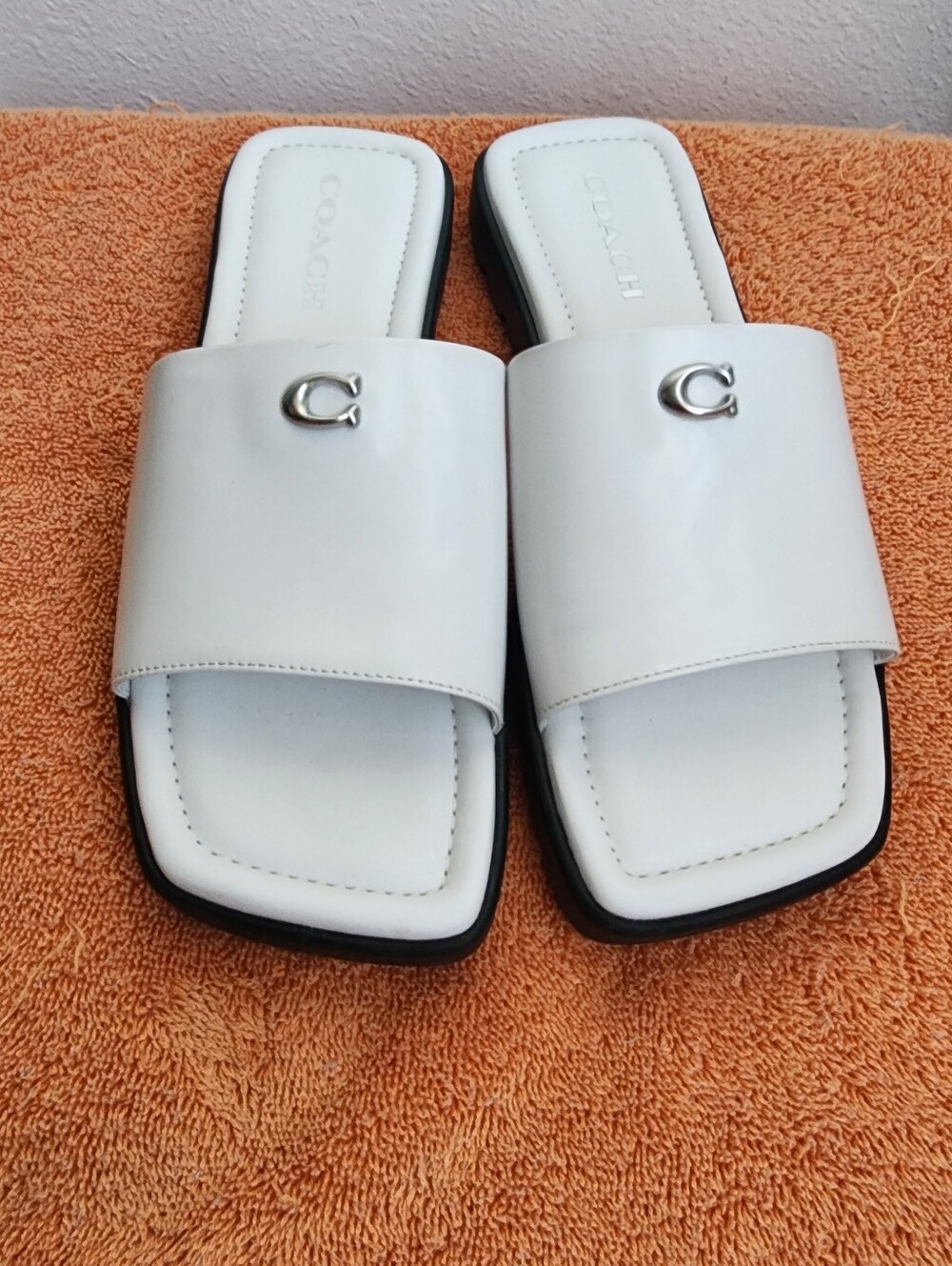 Coach White Leather Slide Sandals with Silver C Logo